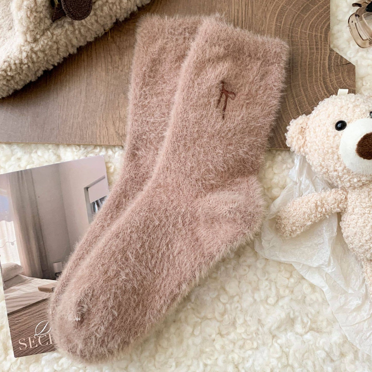 Bow Embroidered Fuzzy Crew Socks