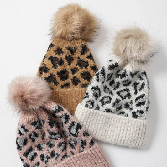 Leopard Knit Beanies w Pom