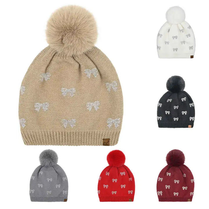 Mini Bling Bow Pom Pom Beanies
