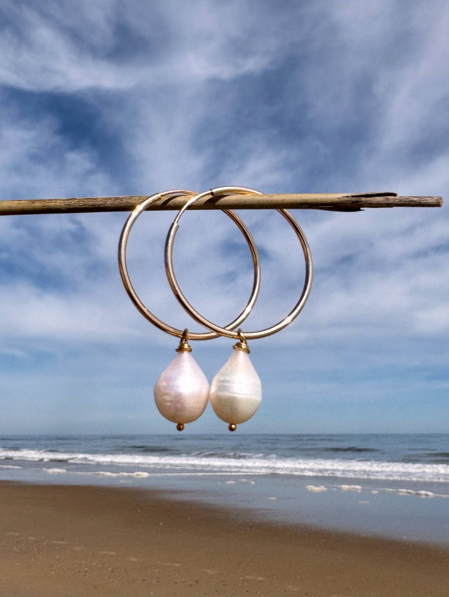 Gold Filled Medium Endless Hoops Freshwater Pearl Drop