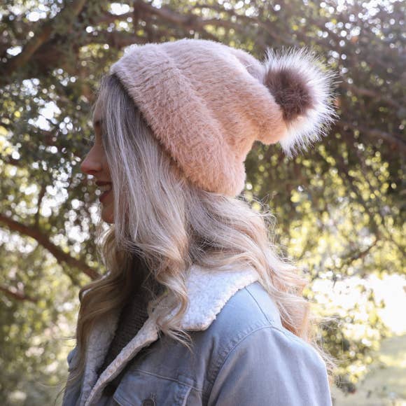 Faux Mohair Beanie w/ Pom