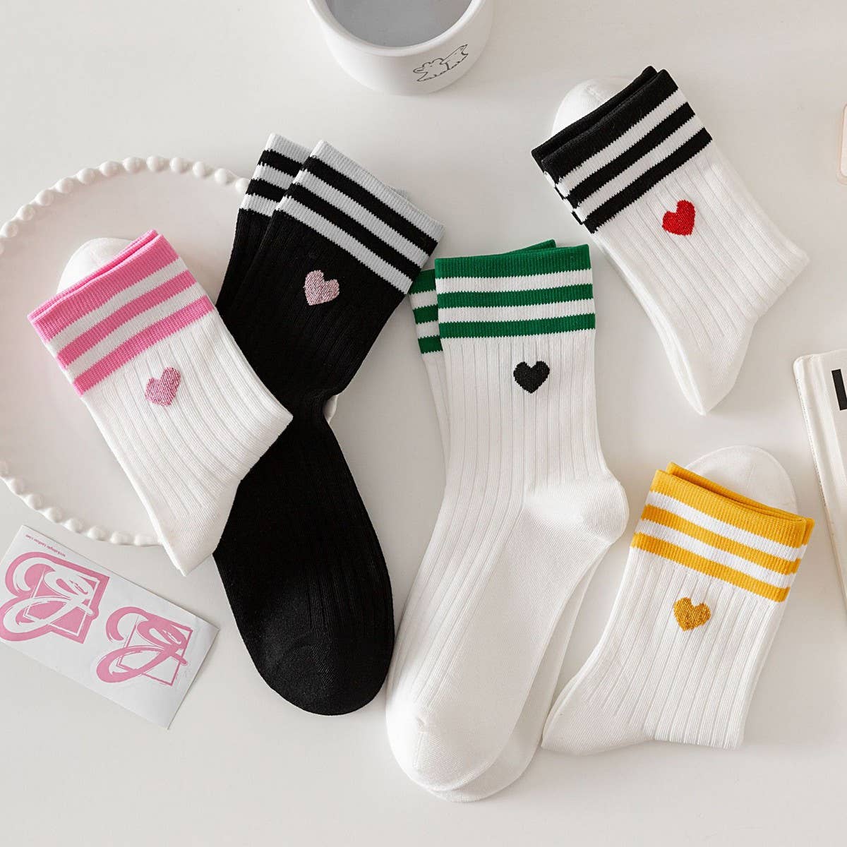 Sporty Crew Socks w/ Heart Icon