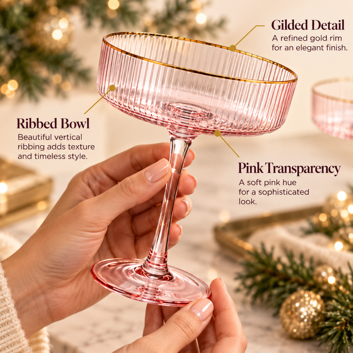 Blush Ribbed Coupe w/ Gold Rim