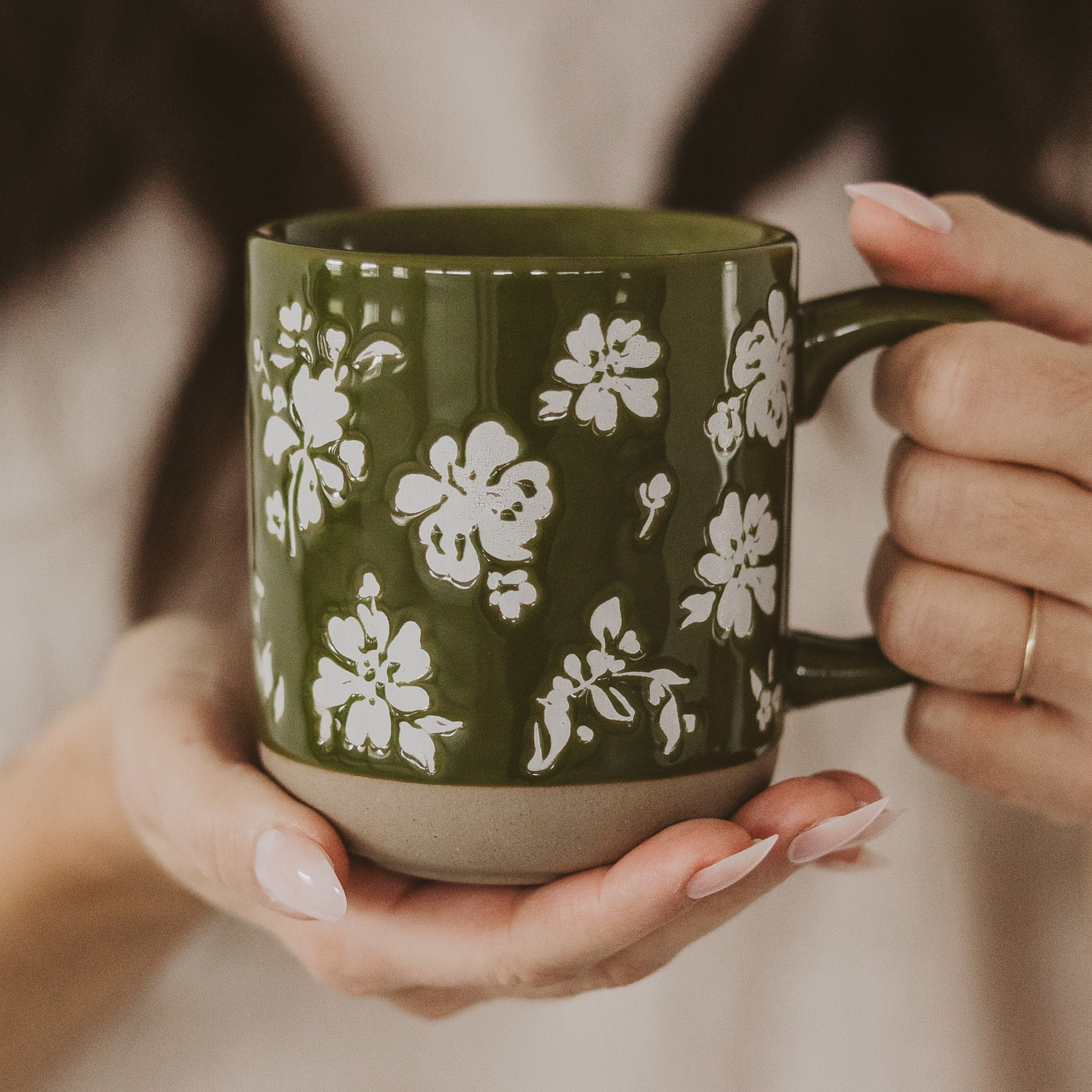 Green Floral Stoneware Mug