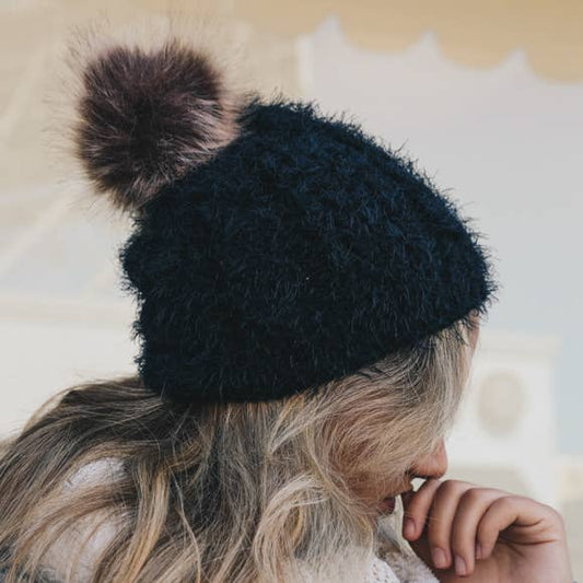 Faux Mohair Cable Knit Pom Pom Beanie