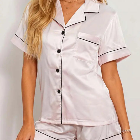 Satin Button Short Sleeves Top & Shorts Pajama Set