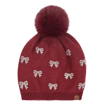 Mini Bling Bow Pom Pom Beanies