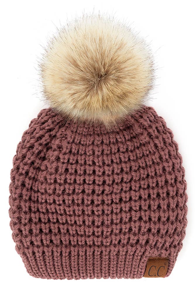 Waffle Stitch Pattern Pom Beanies