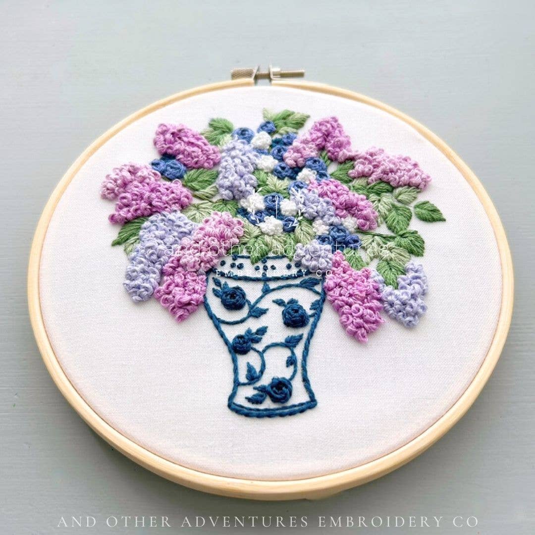 Periwinkle Lilacs in Ginger Jar Embroidery Kit