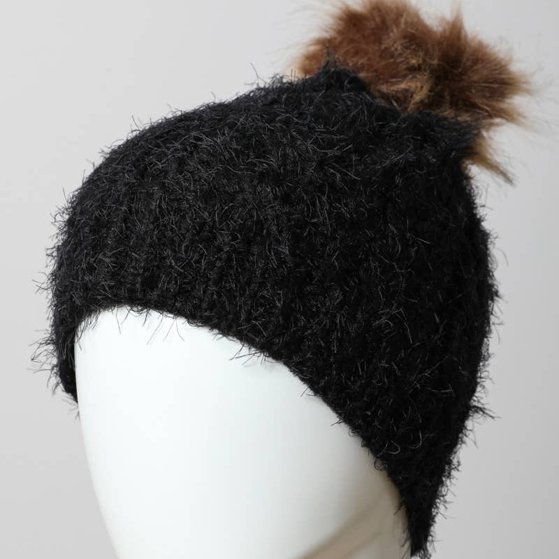 Faux Mohair Cable Knit Pom Pom Beanie