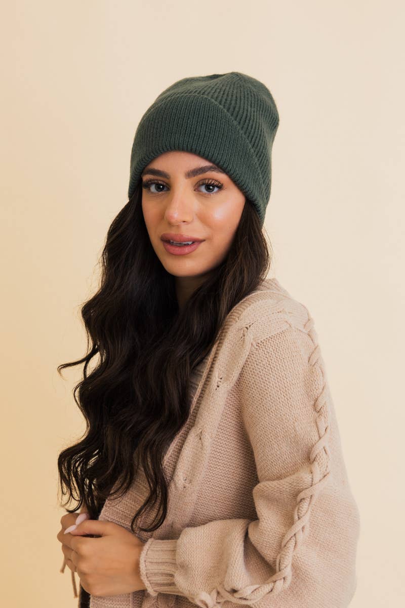 Front Fold Detail Ribbed Knit Beanie
