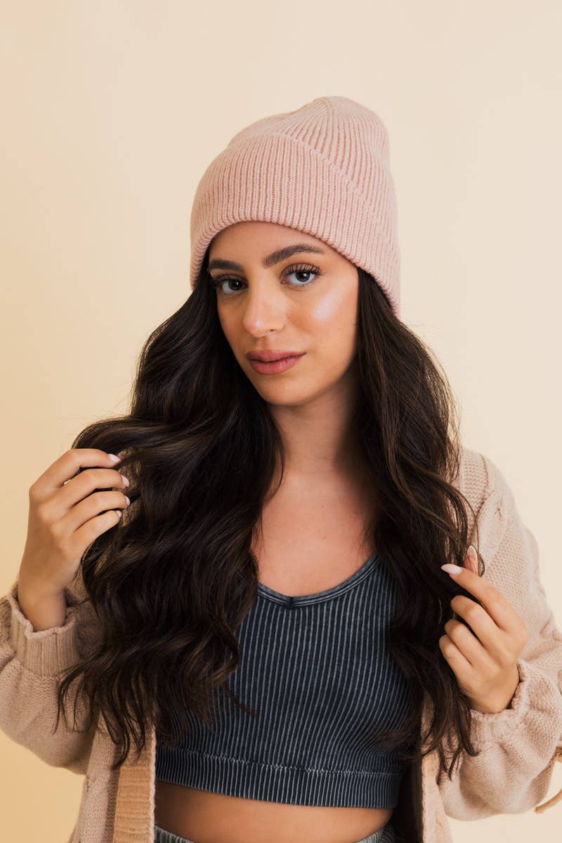 Front Fold Detail Ribbed Knit Beanie