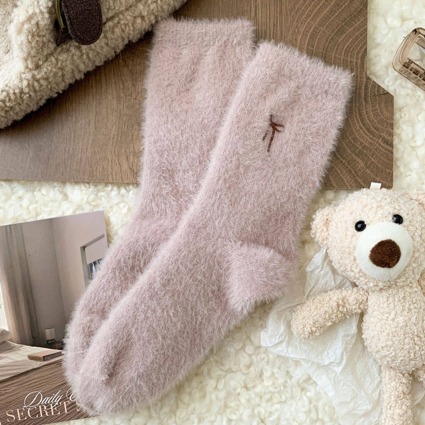 Bow Embroidered Fuzzy Crew Socks