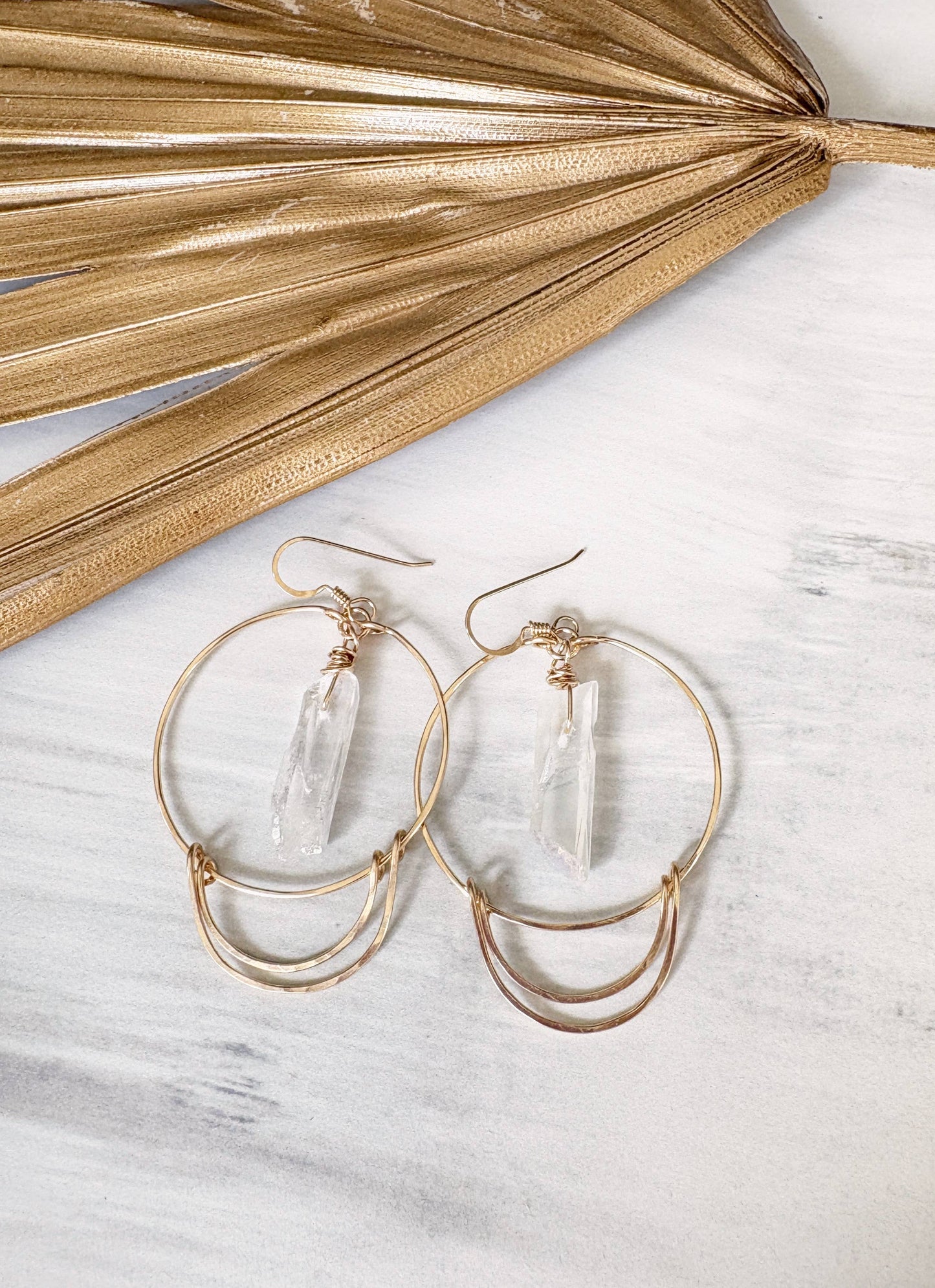 Double Crescent Quartz Crystal Hoop Earrings | Gold Filled