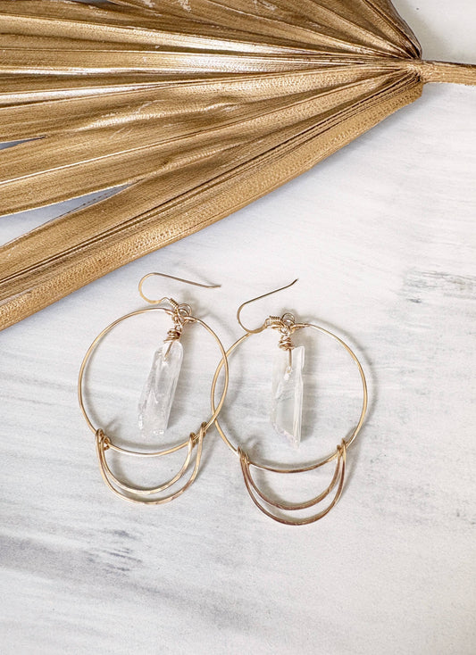 Double Crescent Quartz Crystal Hoop Earrings | Gold Filled
