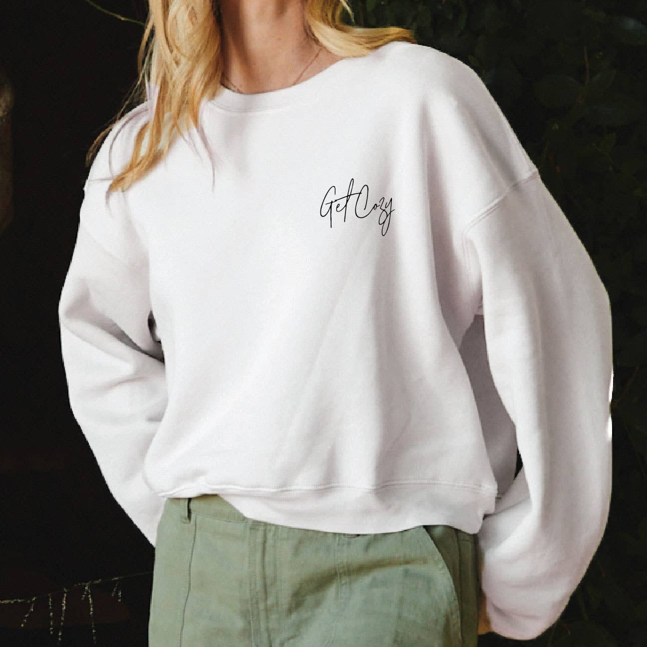 Embroidered "Get Cozy" Mid Cropped Sweatshirt