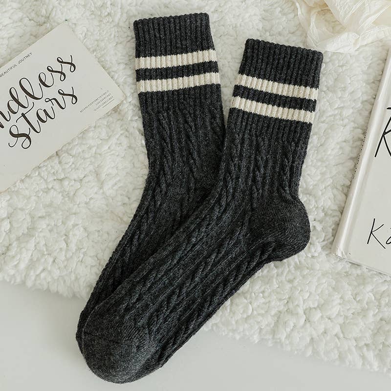 Striped Cuff Cable Knit Crew Socks