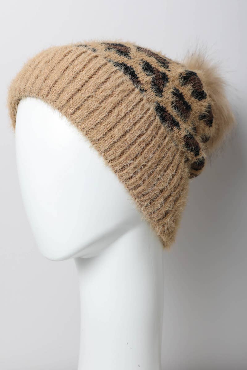 Leopard Knit Beanies w Pom