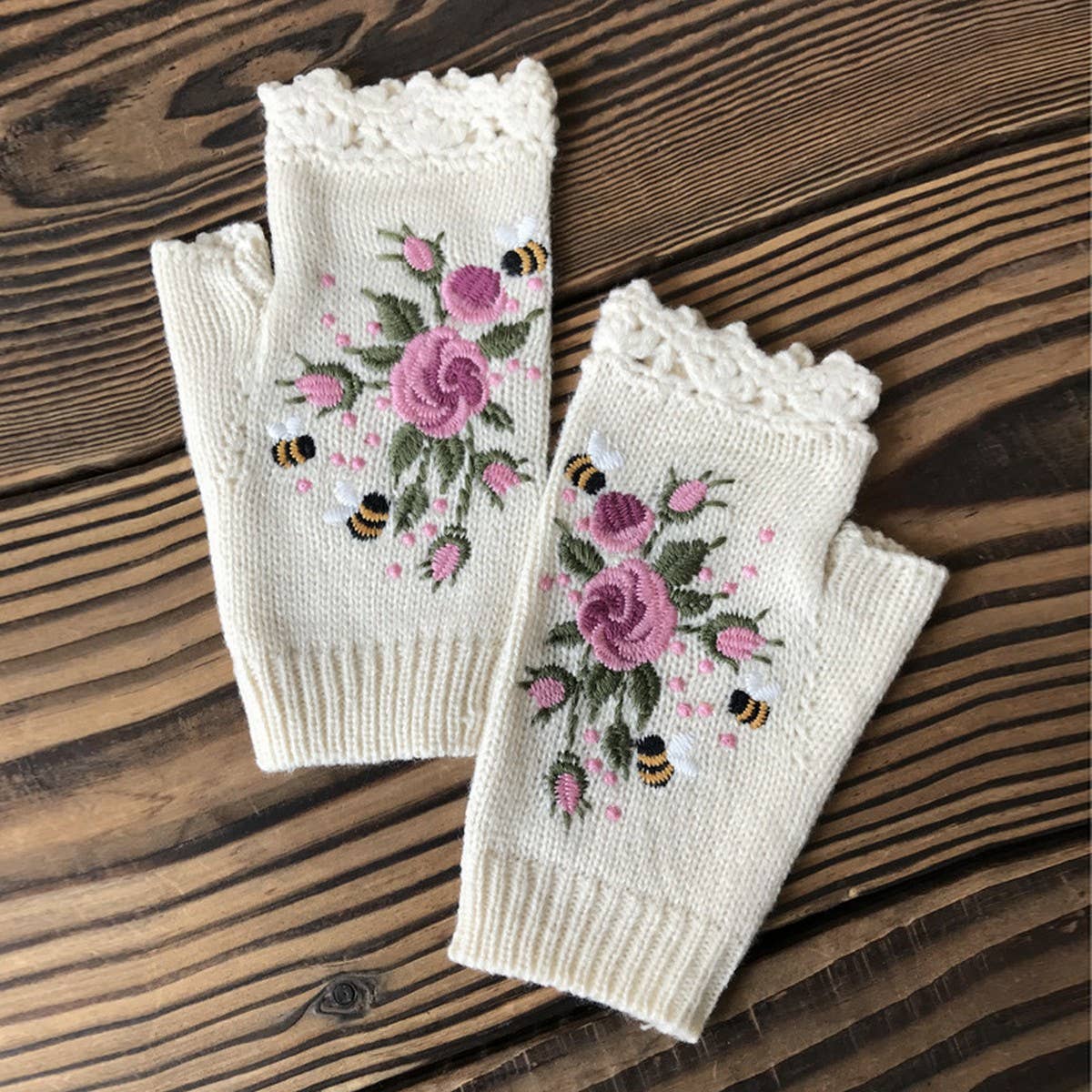 Bee & Blossom Fingerless Crocheted Gloves