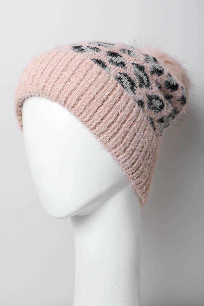 Leopard Knit Beanies w Pom