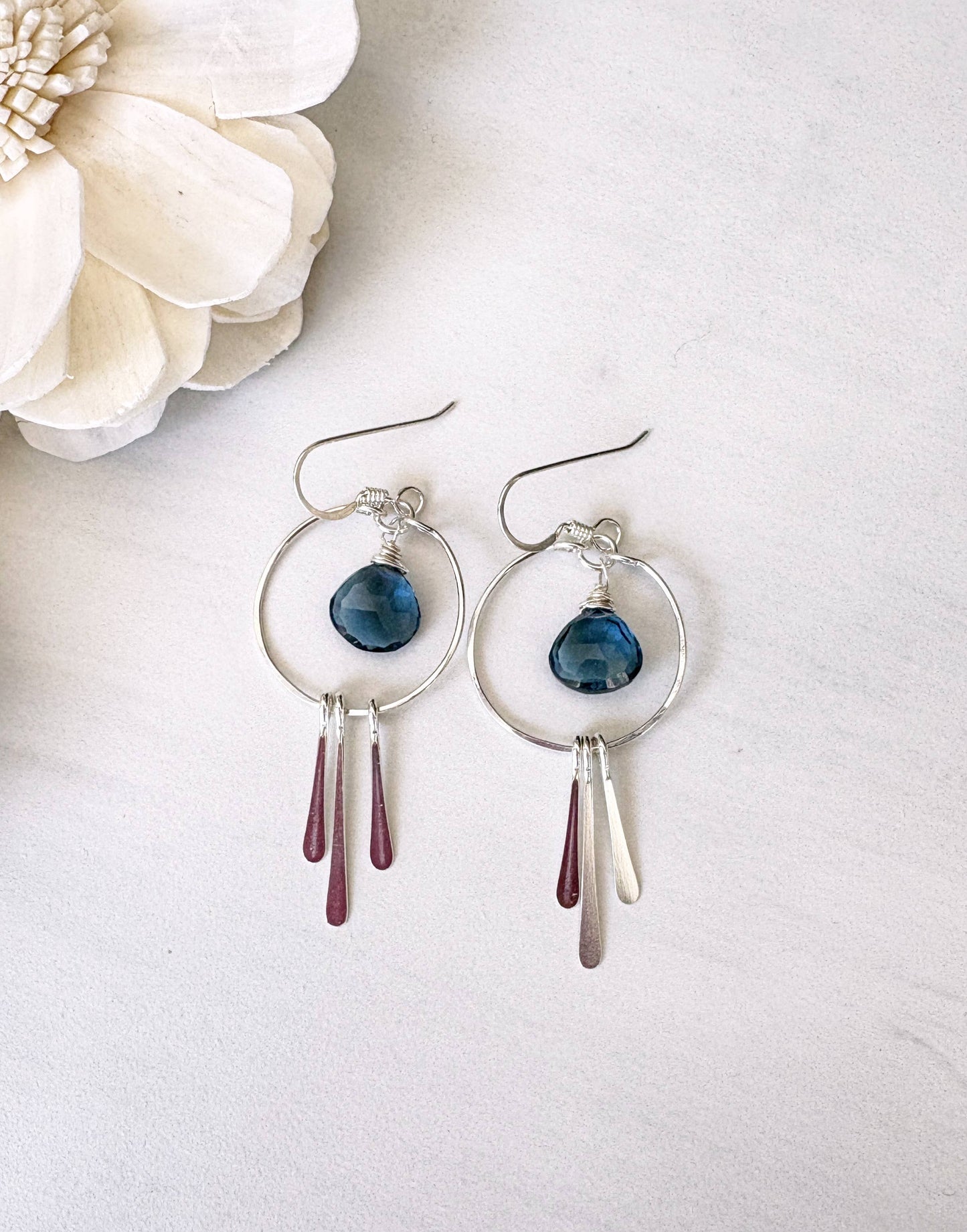 Small Circle Hoops Rose Quartz/Blue Topaz Triple Fringe