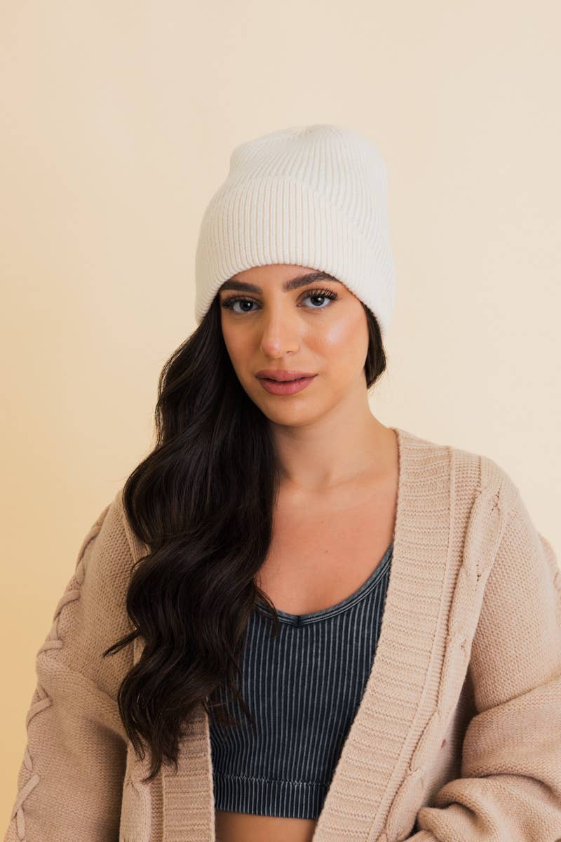 Front Fold Detail Ribbed Knit Beanie