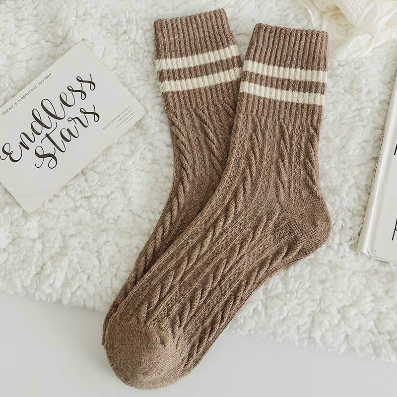 Striped Cuff Cable Knit Crew Socks