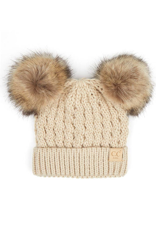 Kids Double Pom Pom Cable Beanies