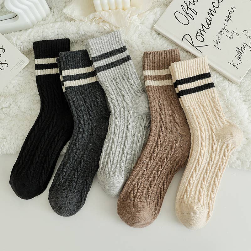 Striped Cuff Cable Knit Crew Socks