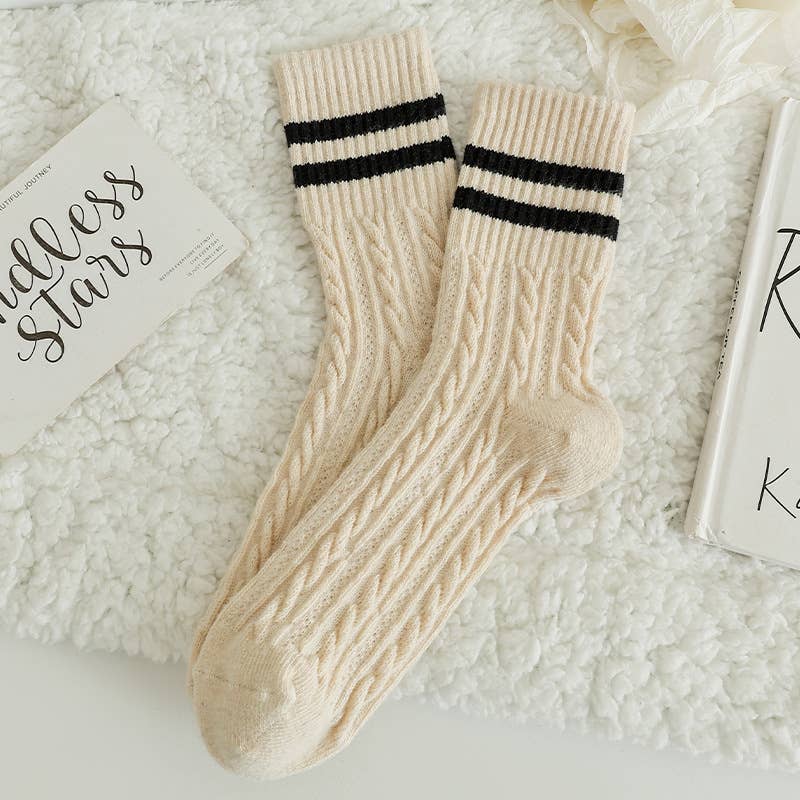 Striped Cuff Cable Knit Crew Socks