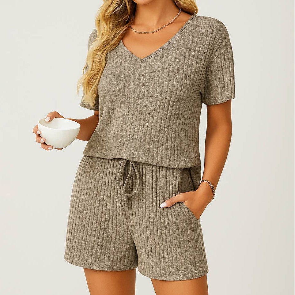 Ribbed Knit V-Neck Short Set