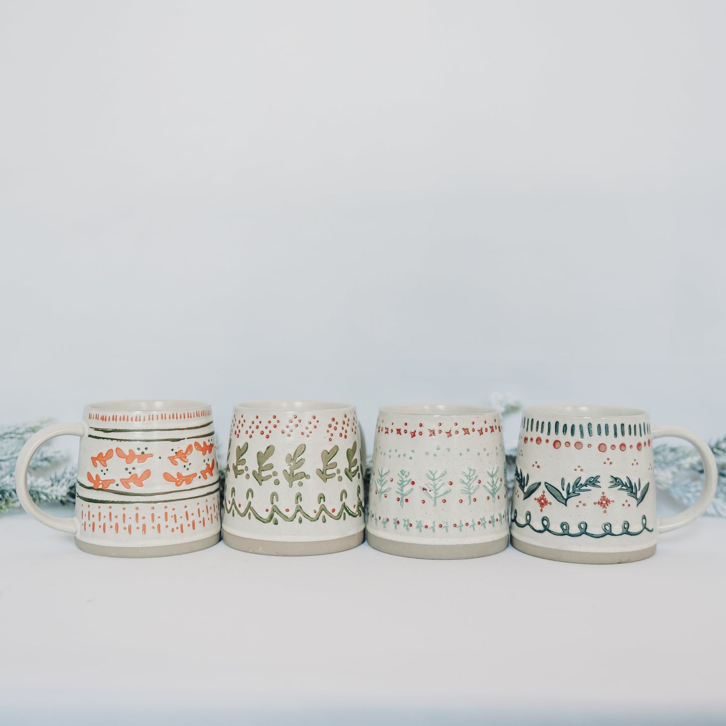 Hand-Stamped Stoneware Holiday Mugs