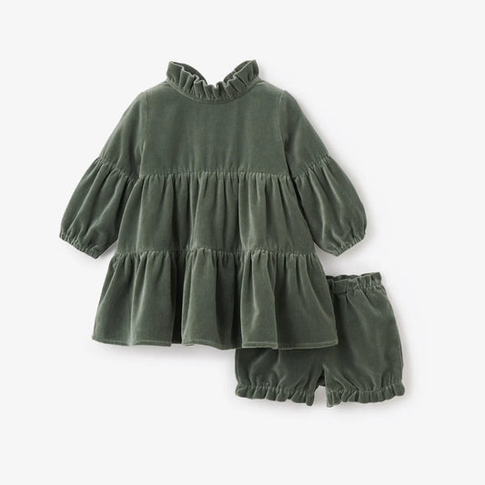 Green Velvet Ruffle Collar Dress