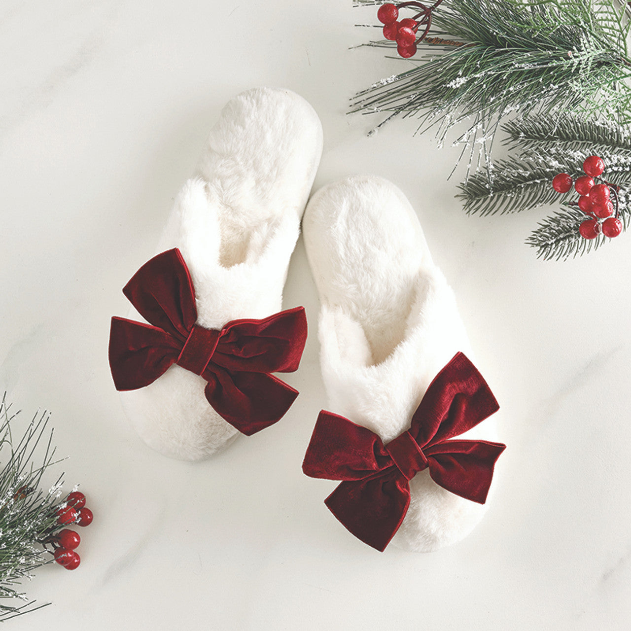 Plush Red Velvet Bow Slippers