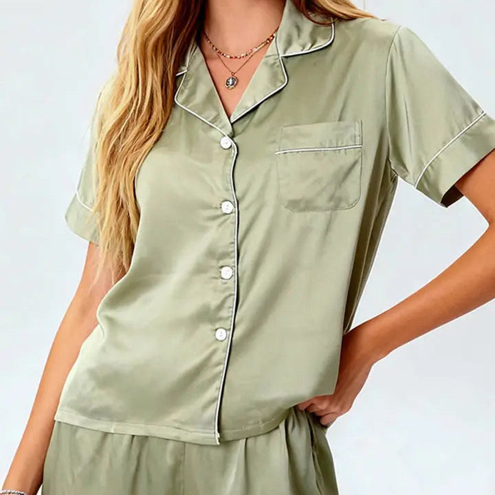 Satin Button Short Sleeves Top & Shorts Pajama Set