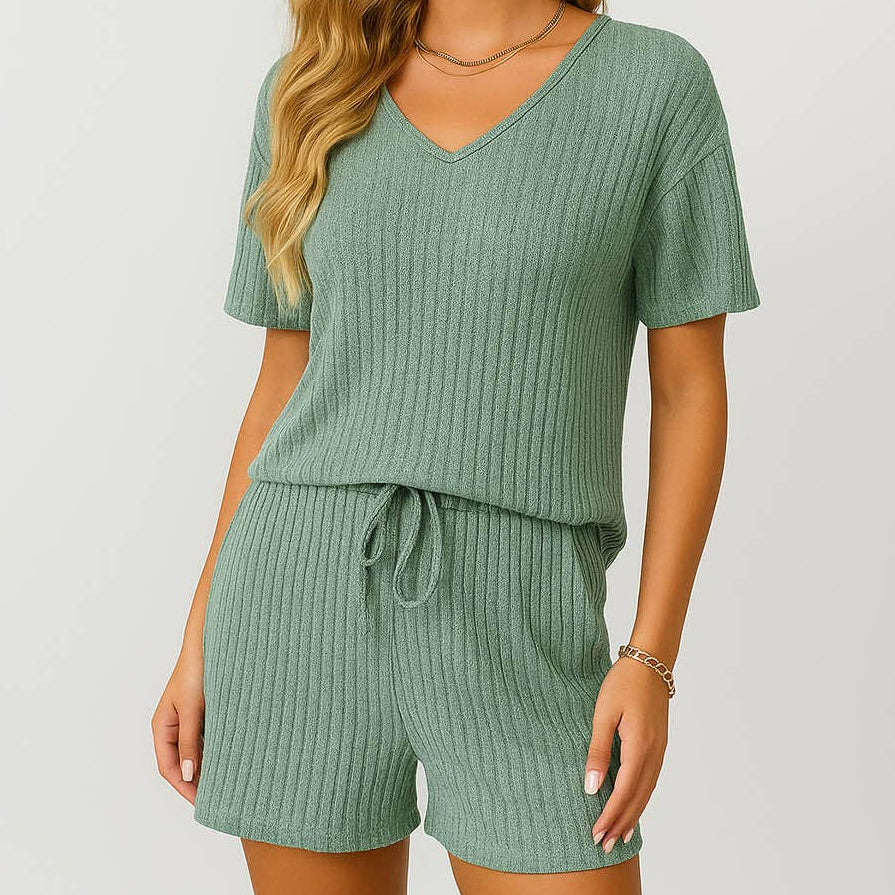 Ribbed Knit V-Neck Short Set