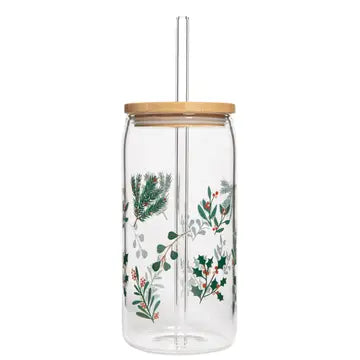 Winter Holiday Glass Tumblers w/ Straw