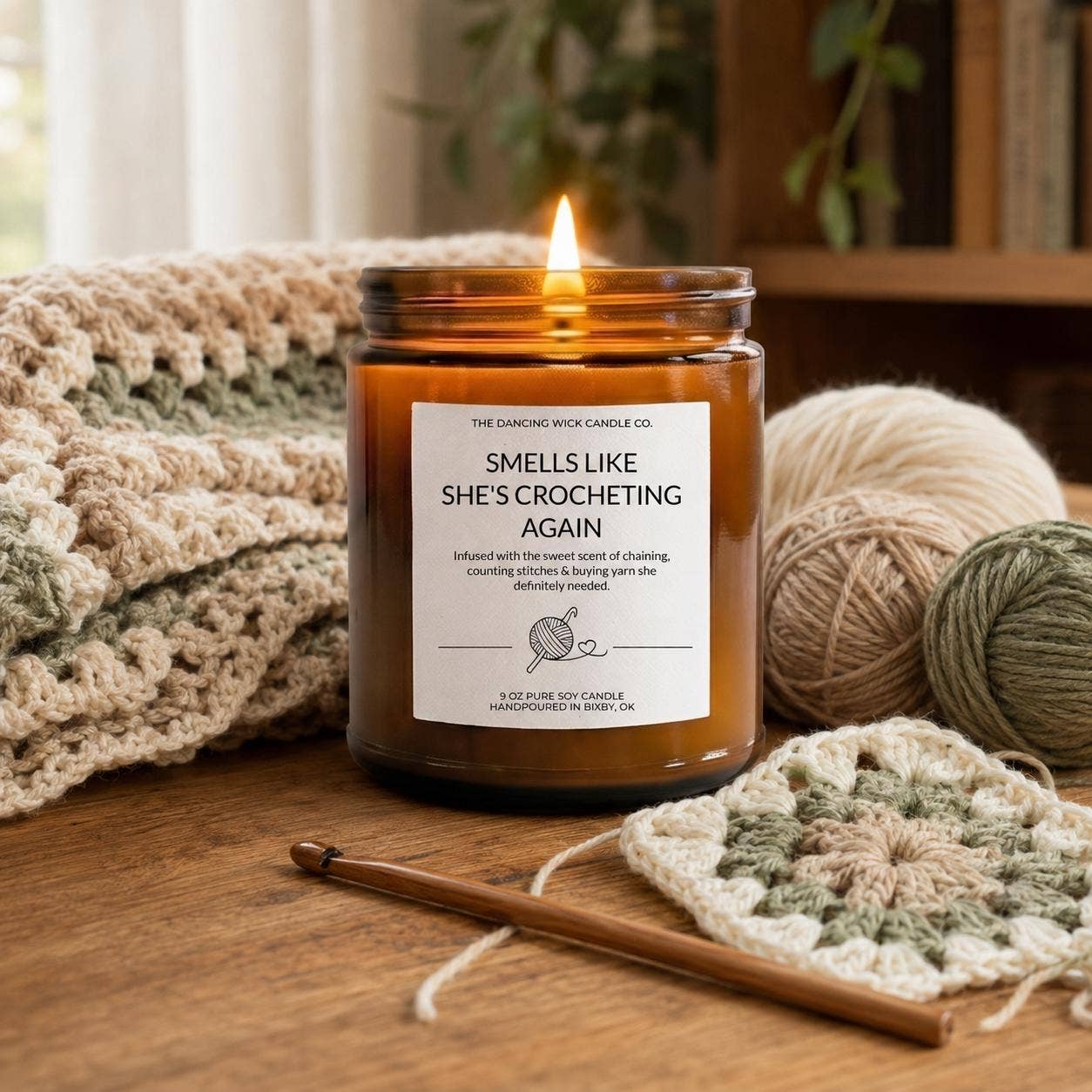 She Is Crocheting Again Candle