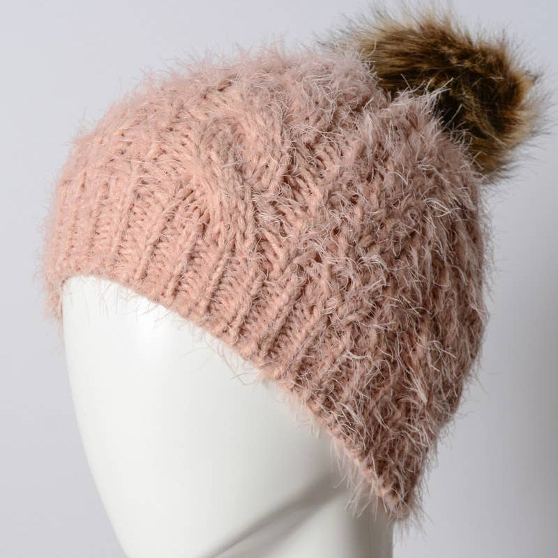 Faux Mohair Cable Knit Pom Pom Beanie