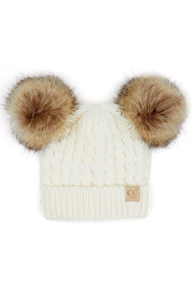 Kids Double Pom Pom Cable Beanies