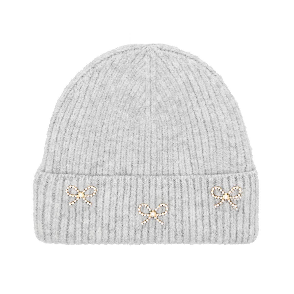 Pearl & Bow Charms Ribbed Beanie