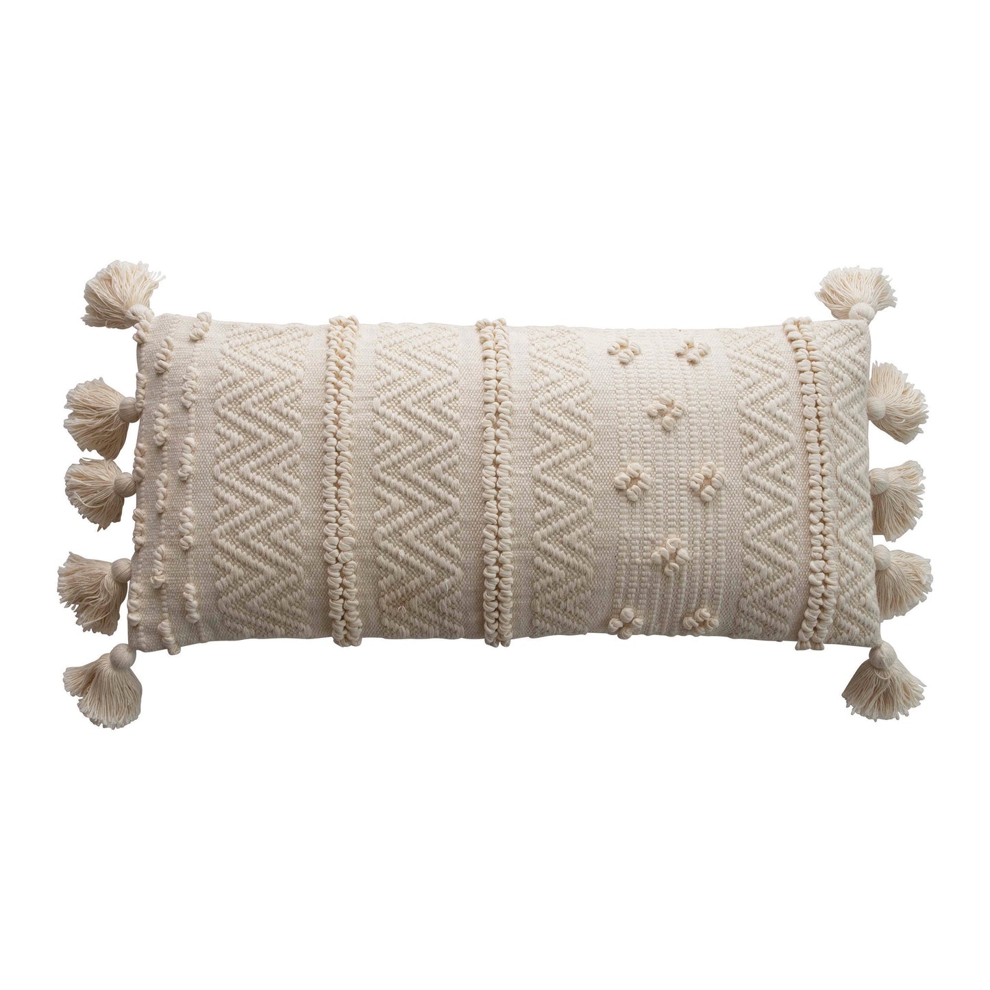 Woven Cotton Lumbar Pillow w/ Poms