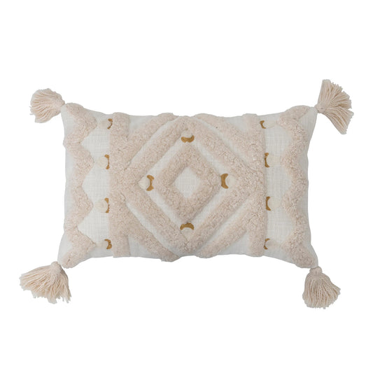 Cotton Tufted Lumbar Pillow w/ Embroidery & Tassels