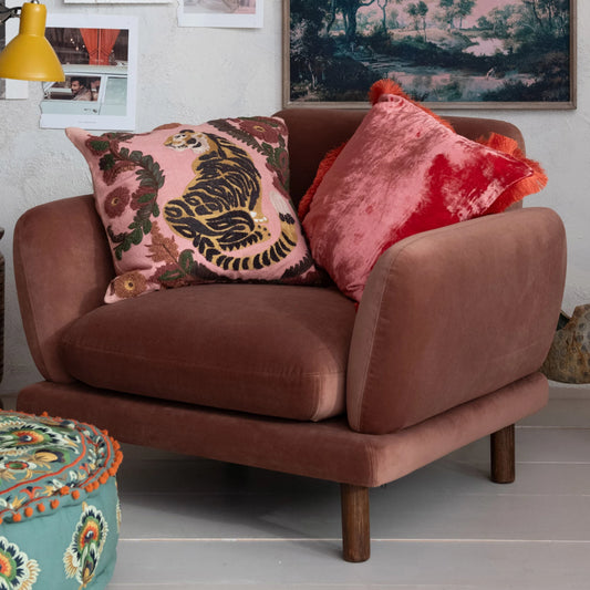 Square Pillow w/ Embroidered Tiger & Flowers
