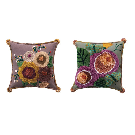 Square Tufted Floral Pillows w/ Pom Poms