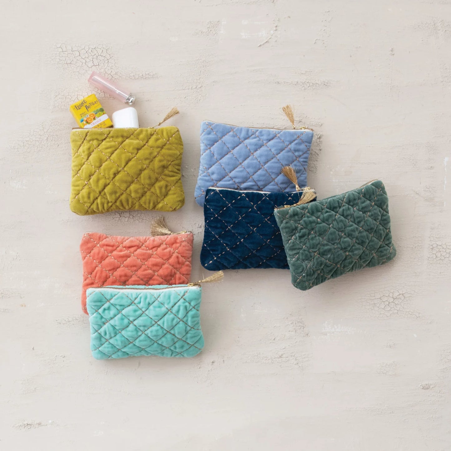 Quilted Cotton Velvet Zip Pouch w/ Metallic Thread