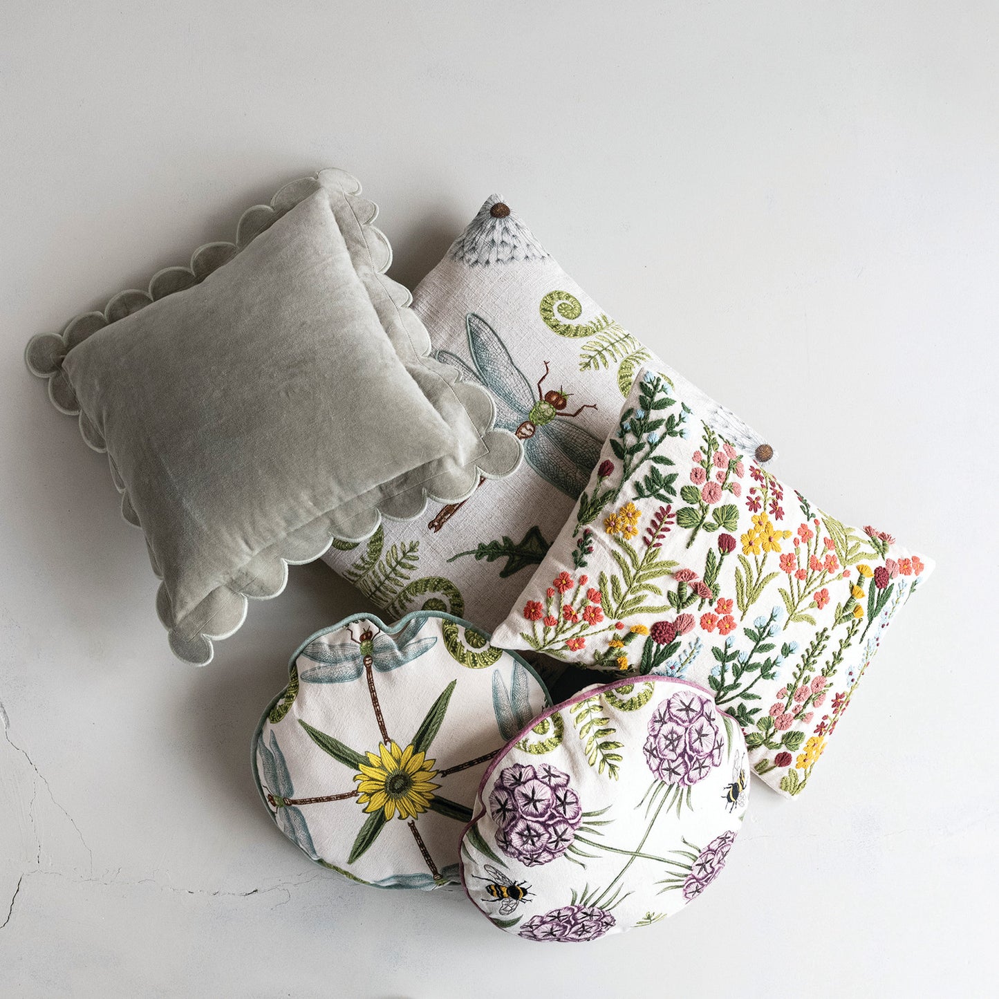 Lumbar Pillow w/ Hand-Embroidered Flowers