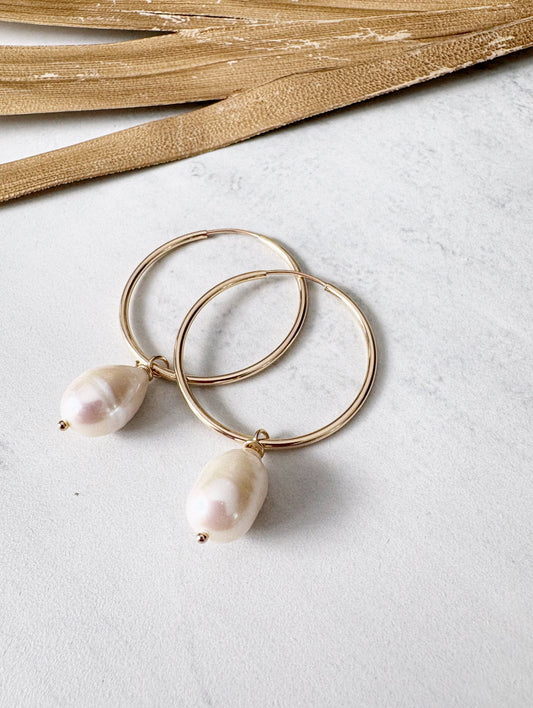 Gold Filled Medium Endless Hoops Freshwater Pearl Drop