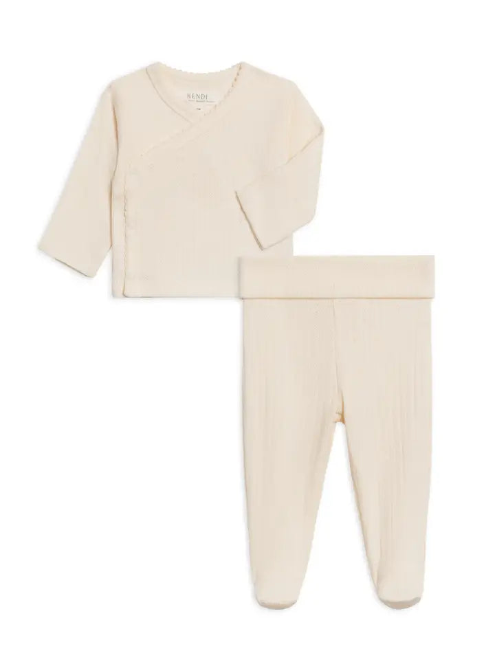 Pointelle Kimono Wrap Top & Footed Pant Set