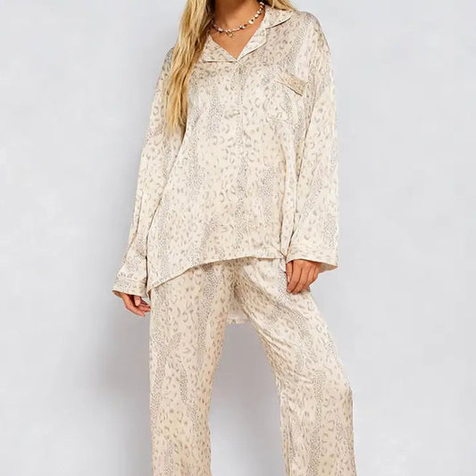 Satin Leopard V-Neck Top & Pants Lounge Set